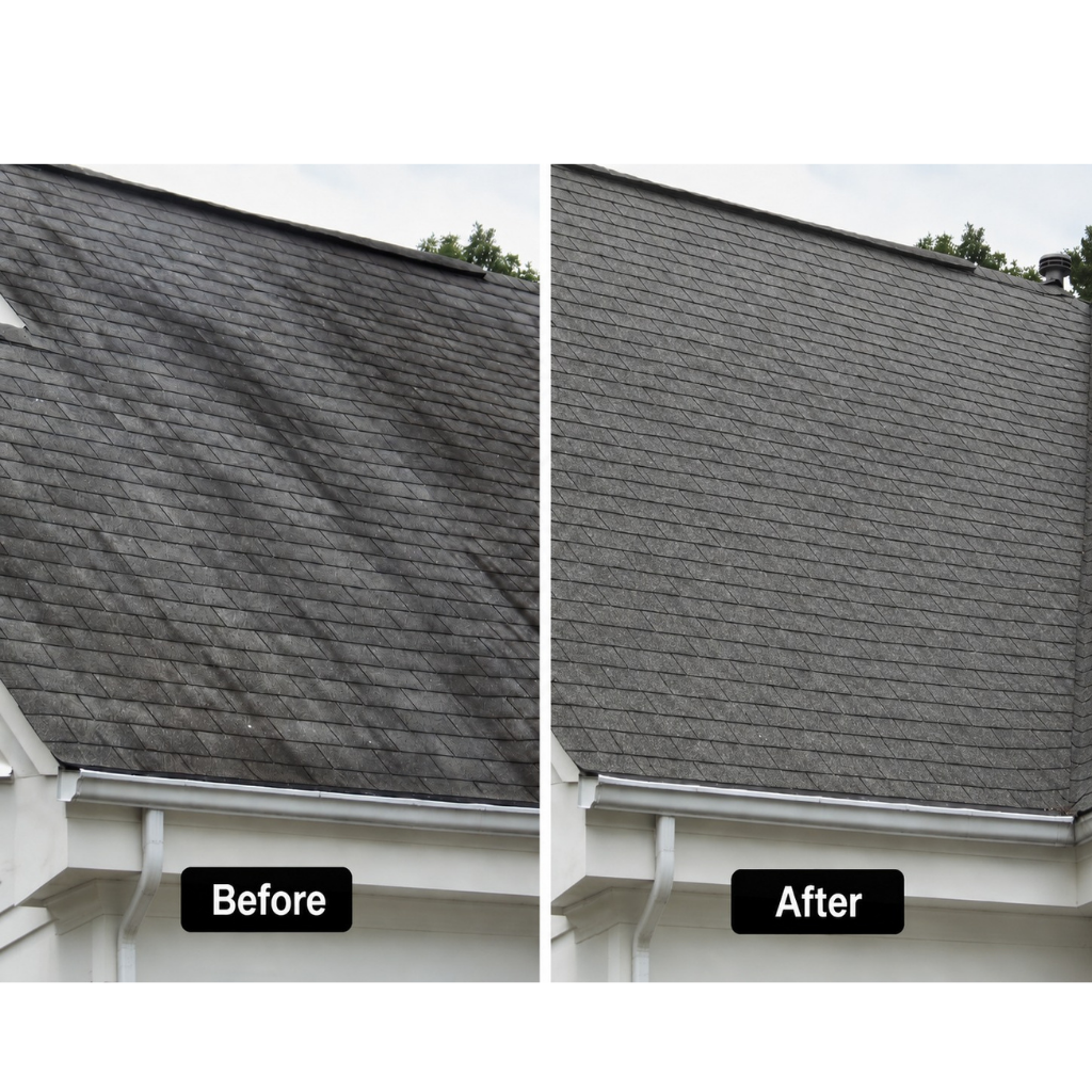 Roof soft wash cleaning before and after in Lake Oconee GA